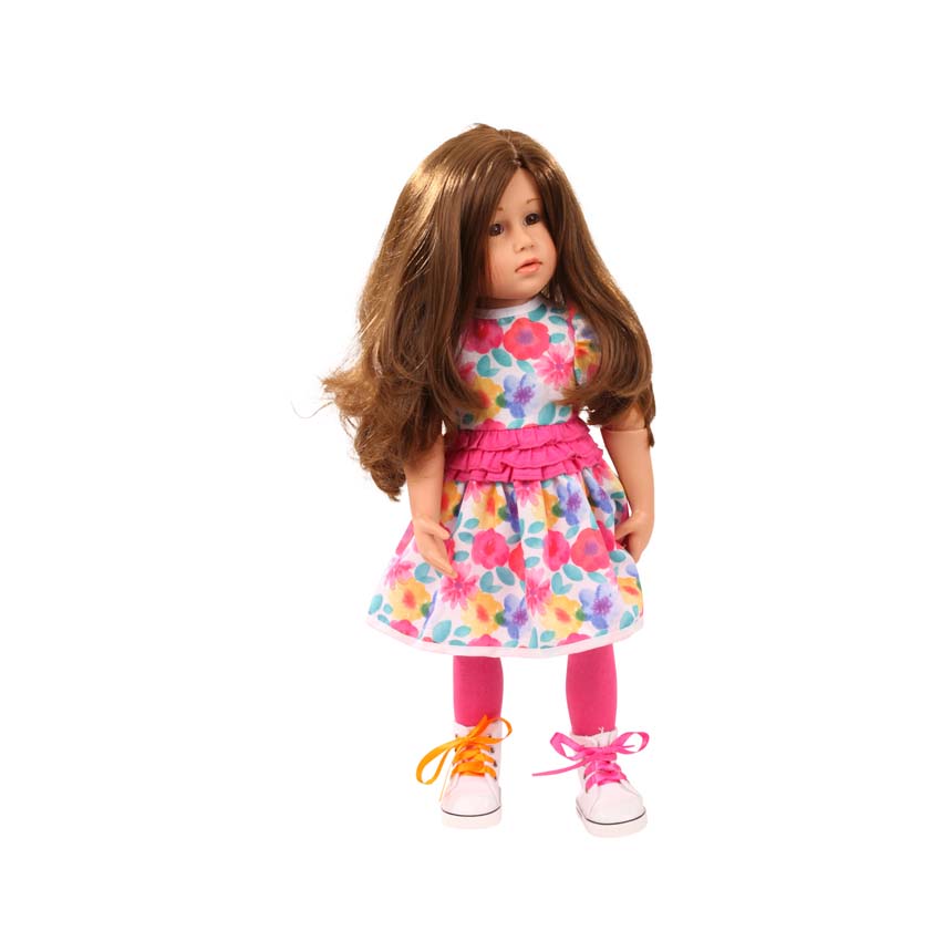 set-colourful-gr-xl-goetz-stehpuppe-blumenkleid-sneaker-braunhaarig