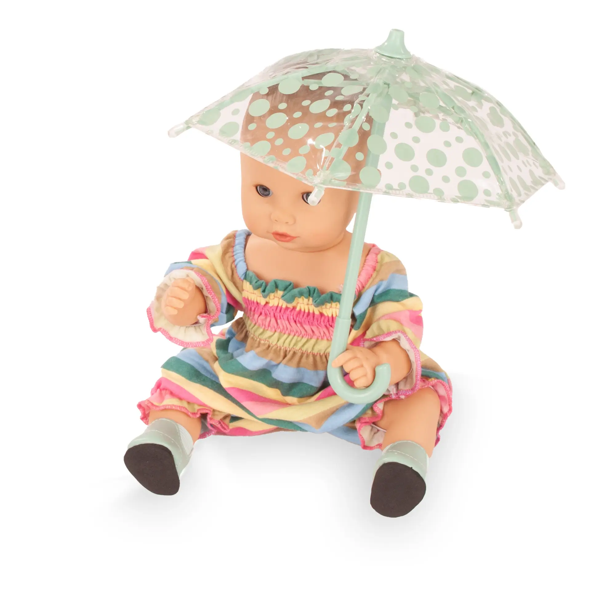 Badepuppe Gr. 30-33 cm mit blauen Schlafaugen mit buntgeringeltem Sommeranzug, tuerkisfarbenen Booties und einem Regenschirm von Goetz
