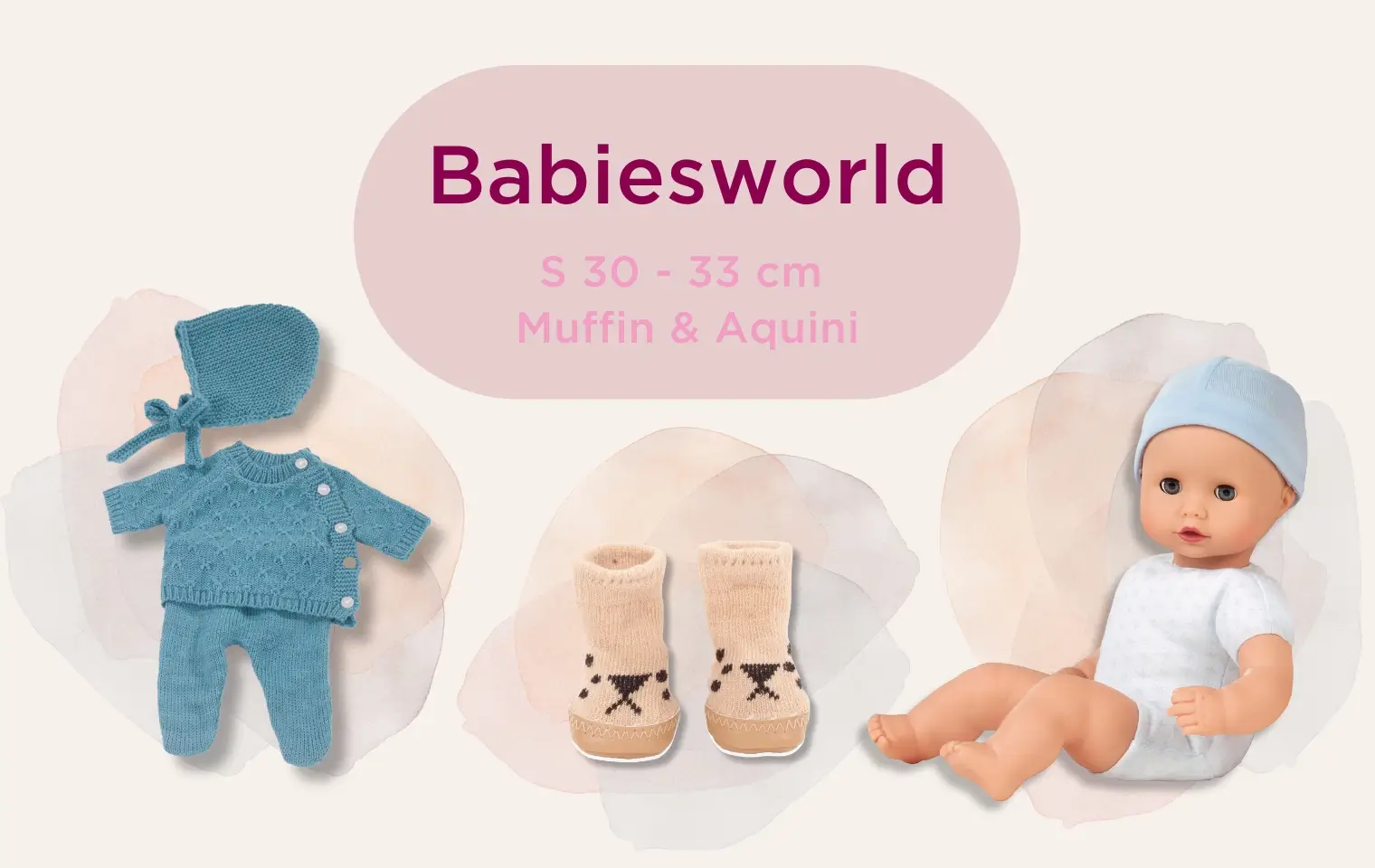 Goetz Babiesworld Gr. S  Babiesworld Gr. S: 30 cm grosse Babypuppe ohne Haare, Huettenschuhe mit Katzengesicht und blauer Strickanzug mit Strick-Muetze