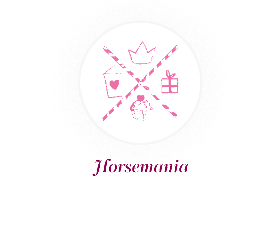 Horsemania Goetz Logo with pink symbols of a crown a heart a gift and a horse along with the text Horsemania