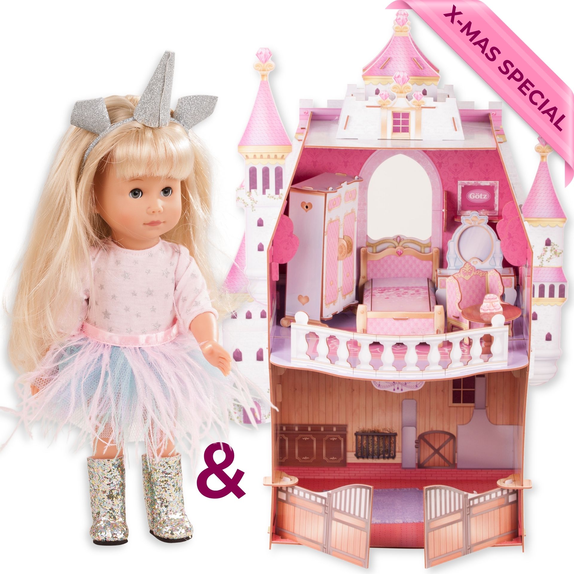 Geschenkset mit kleiner Stehpuppe 26 cm mit blonden, langen Haaren und blauen Schlafaugen. Dazu ein Puppenschoss mit Puppenmoebeln von Goetz