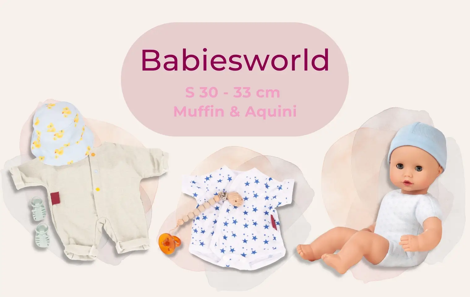 Babiesworld Gr. S: 30 cm grosse Babypuppe ohne Haare, Body, Schnullerkette mit Schnuller, Anzug und Hut Badesandalen