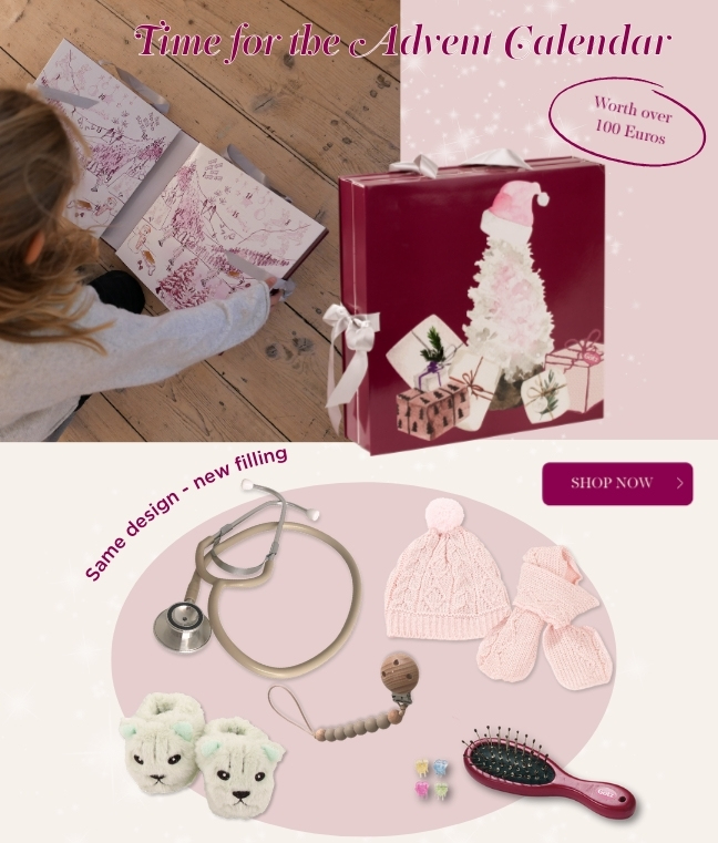 Adventskalender fuer Babypuppen Gr. 30-33 cm und fuer Stehpuppen Gr. 45-50 cm in einer schicken Weihnachtsbox verpackt von Goetz