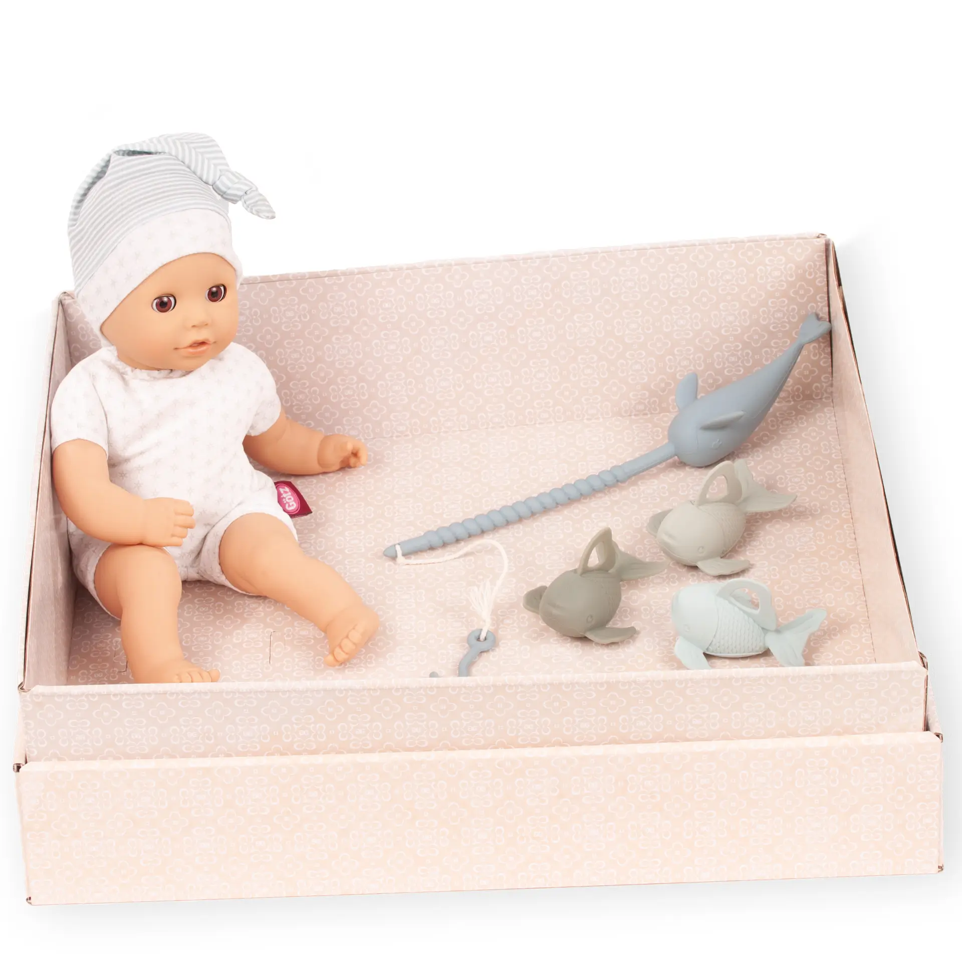 Badepuppe Gr. 33 cm Geschenkset mit Kinder Angelset mit Angel und 3 Fischen in zarten Blautoenen in Geschenkbox