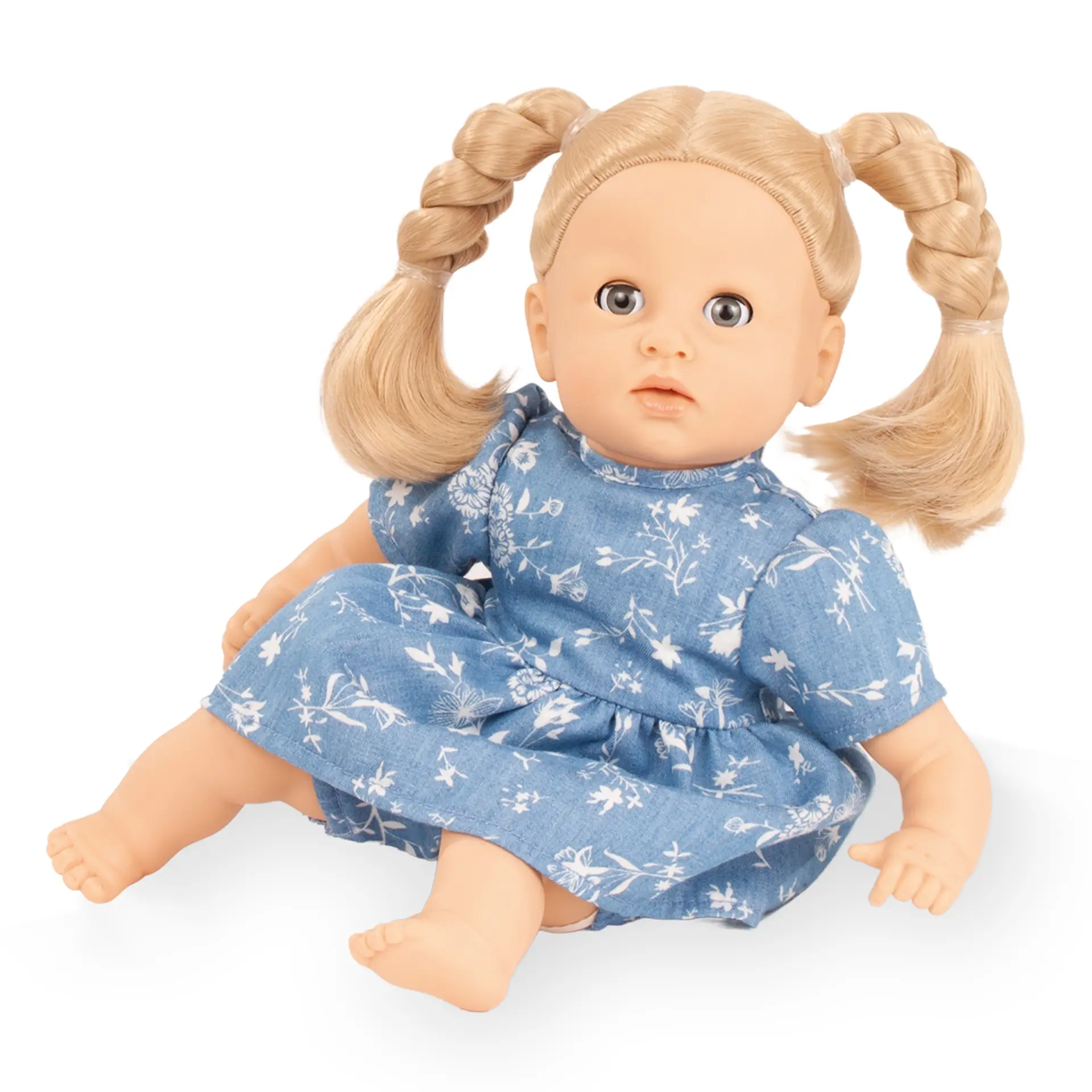 Babykleid angezogen Gr. 30-33 cm in jeansblau mit Blumenmuster und angenähter Pumphose von Goetz