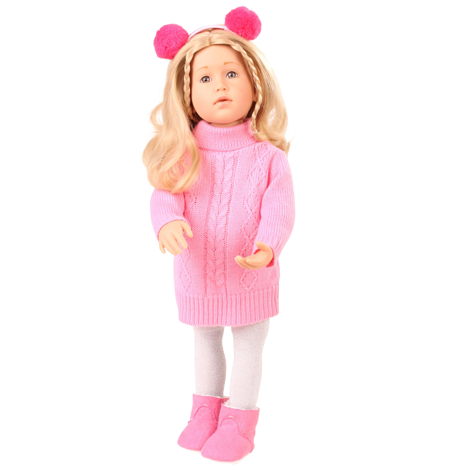 50 cm grosse blonde Stehpuppe mit Strickkleid Glitzerstrumpfhose Booties und Haarreif