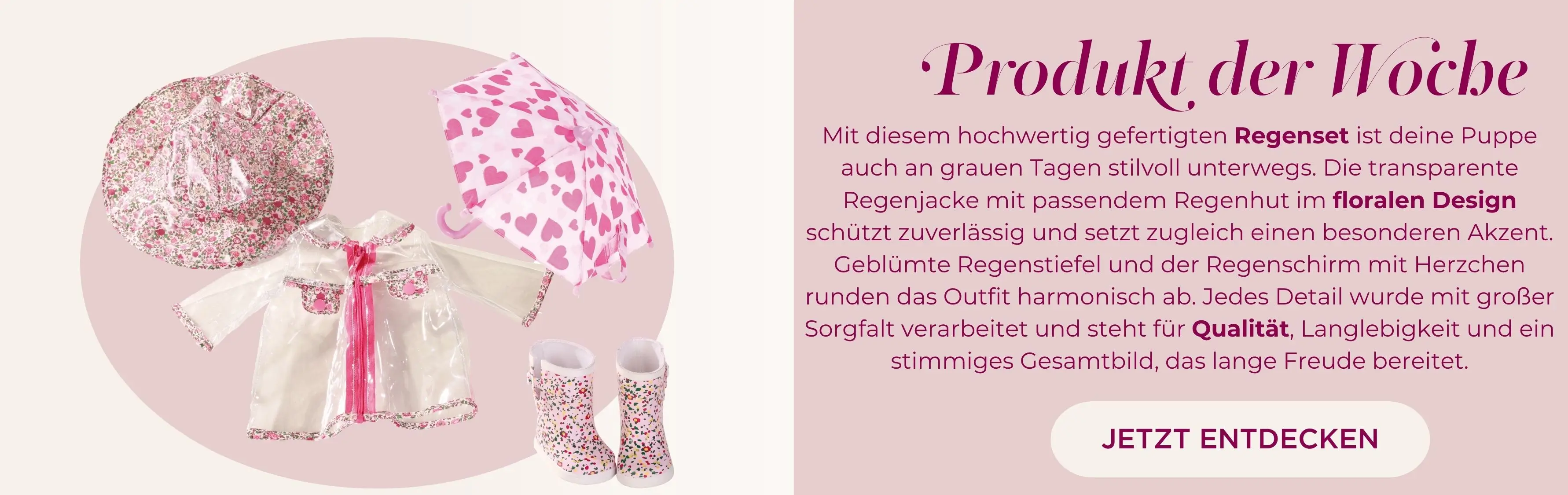 Regenbekleidung fuer Babypuppen 42 cm und Stehpuppen 46-50 cm. Regenjacke, durchsichtig, Regenschirm und Regenhut von Goetz